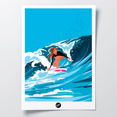 Poster da parete di un duo di surfisti maschio e femmina che cavalcano le onde, nei toni del blu, per decorazione Poster da parete di un duo di surfisti maschio e femmina che cavalcano le onde, nei toni del blu, per decorazione