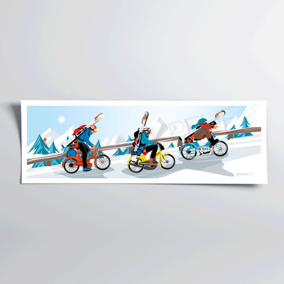 Affiche murale skieurs à brélon humoristique aux couleurs rouge, bleu et jaune pour décoration Affiche murale skieurs à brélon humoristique aux couleurs rouge, bleu et jaune pour décoration
