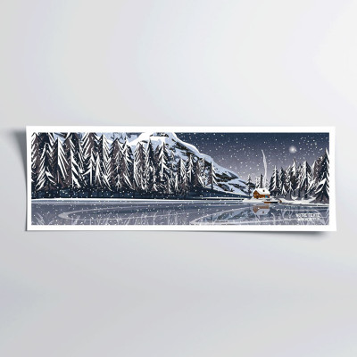 Affiche murale d’un chalet au bord d’un lac bleu et blanc pour la décoration Affiche murale d’un chalet au bord d’un lac bleu et blanc pour la décoration