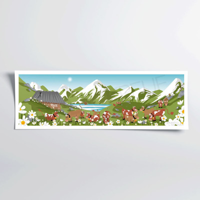 Wall poster with daisies, cows in the foreground, green flowers and a blue sky as decoration. Wall poster with daisies, cows in the foreground, green flowers and a blue sky as decoration.