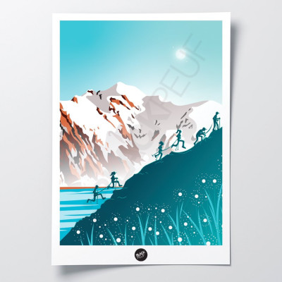Affiche murale trail du Mont-Blanc aux couleurs bleu et blanc pour décoration