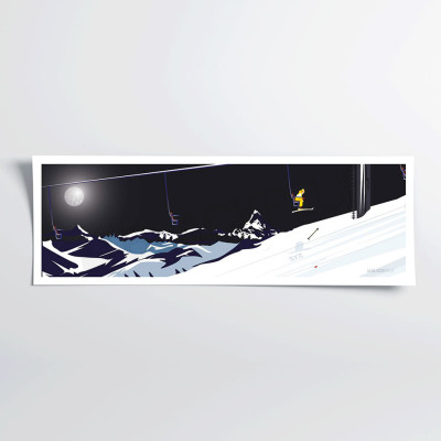 Wall poster of a skier on a chairlift losing his pole in black and white for decoration Wall poster of a skier on a chairlift losing his pole in black and white for decoration