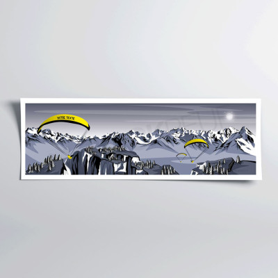 Belledonne wall poster paragliding over blue and purple mountains for decoration. Belledonne wall poster paragliding over blue and purple mountains for decoration.
