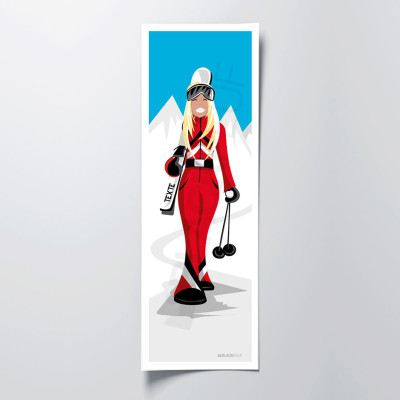 Affiche murale d’une skieuse blonde aux couleurs rouge, blanc et bleu pour décoration Affiche murale d’une skieuse blonde aux couleurs rouge, blanc et bleu pour décoration