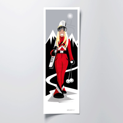 Affiche murale d’une skieuse blonde aux couleurs rouge, blanc et gris pour décoration Affiche murale d’une skieuse blonde aux couleurs rouge, blanc et gris pour décoration