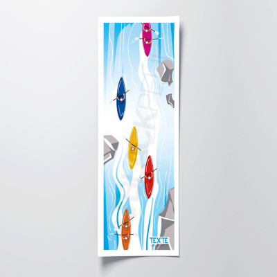 Colorful wall art depicting a canoe on a blue lake with red, orange, and blue canoes as decoration. Colorful wall art depicting a canoe on a blue lake with red, orange, and blue canoes as decoration.