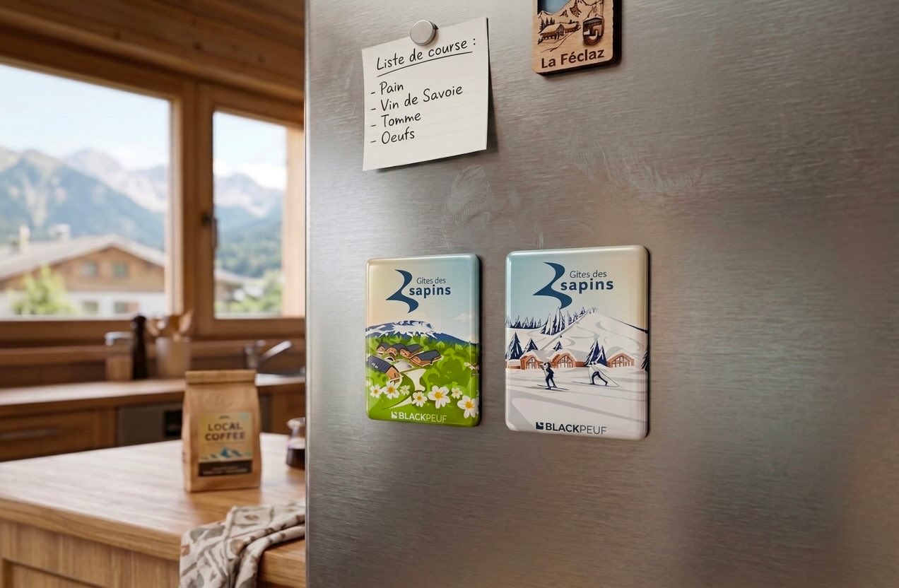 Magnets personnalisés thème montagne sur un frigo en station de ski